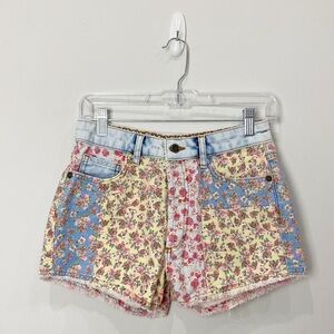 Farm for Anthropologie Patchwork Denim Shorts Floral Buttonfly